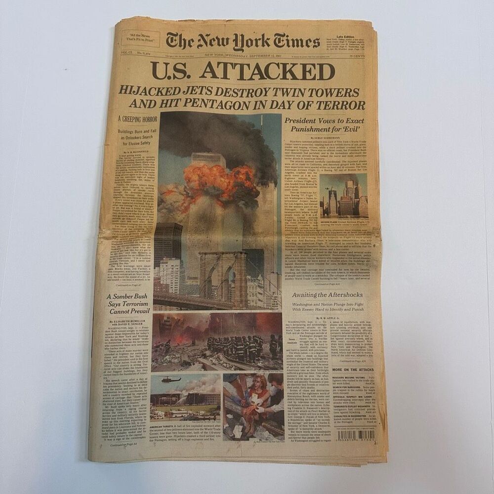 Original The New York Times Newspaper from 9/12/01 (9/11 Issue)